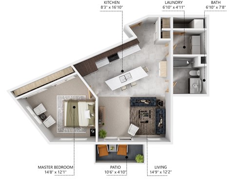 Floor plan for 1 bed, 1 bath, 815 sqft